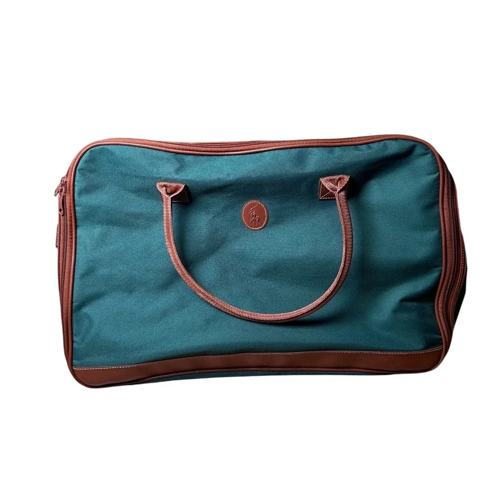 Polo Ralph Lauren Green Canvas Duffle Bag Brown Trim Weekender Travel Bag
